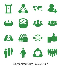 Community icons set. set of 16 community filled icons such as connection, door with heart, group, heart tag, add friend, hospital, user group, thumb up, atom interaction
