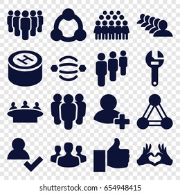 Community icons set. set of 16 community filled icons such as connection, group, wrench, heart tag, add friend, hospital, user group, thumb up, atom interaction