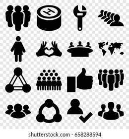 Community icons set. set of 16 community filled icons such as connection, group, wrench, heart tag, hospital, user group, thumb up, add user, world map