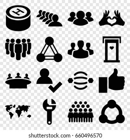 Community Icons Set. Set Of 16 Community Filled Icons Such As Connection, Door With Heart, Group, Wrench,, Hospital, User Group, Thumb Up, Atom Interaction, Add User