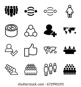 Community icons set. set of 16 community filled and outline icons such as group, add friend, atom interaction, hospital, connection, world map, add user, woman