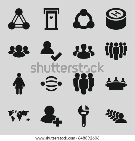 Community icons set. set of 16 community filled icons such as connection, door with heart, group, wrench, add friend, hospital, user group, atom interaction, add user