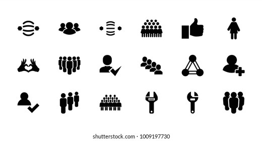 Community icons. set of 18 editable filled community icons: connection, group, wrench, add user, woman, atom interaction, heart tag, thumb up