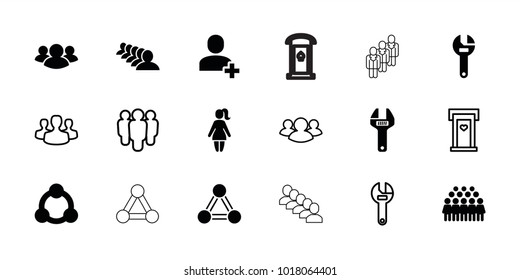 Community icons. set of 18 editable filled and outline community icons: group, wrench, connection, door with heart, user group, woman