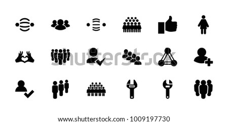 Community icons. set of 18 editable filled community icons: connection, group, wrench, add user, woman, atom interaction, heart tag, thumb up