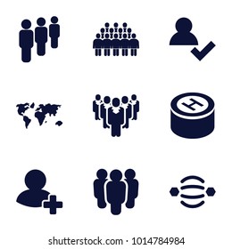Community icons. set of 9 editable filled community icons such as add user, world map, group, atom interaction, add friend