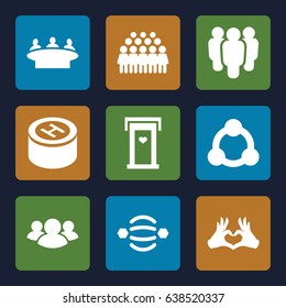 Community icons set. set of 9 community filled icons such as door with heart, group, heart tag, hospital, connection