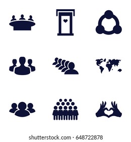 Community icons set. set of 9 community filled icons such as door with heart, group, heart tag, connection, user group