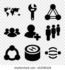 Community icons set. set of 9 community filled icons such as connection, wrench, group, add friend, hospital, atom interaction