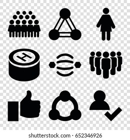 Community icons set. set of 9 community filled icons such as connection, group, hospital, thumb up, atom interaction, add user