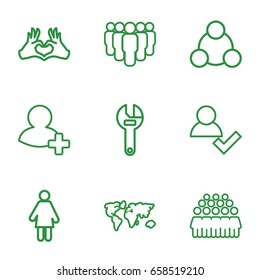 Community icons set. set of 9 community outline icons such as group, wrench, heart tag, add friend, connection, add user, world map