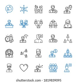 community icons set. Collection of community with add user, teamwork, employee, like, priest, networking, network, user, team, friends. Editable and scalable community icons.