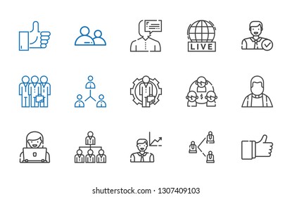 community icons set. Collection of community with like, network, employee, networking, user, priest, team, teamwork, live. Editable and scalable community icons.