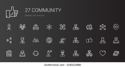 community icons set. Collection of community with network, employee, priest, add user, user, live, like, teamwork, networking, team. Editable and scalable community icons.