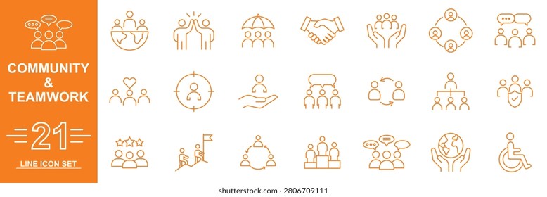 Community icons set. Contains linear outline icons like gathering, caring, support, festival, teamwork, friendship, growing together. Editable line. Teamwork icon set . including team success, meeting,