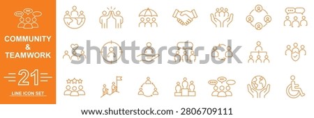 Community icons set. Contains linear outline icons like gathering, caring, support, festival, teamwork, friendship, growing together. Editable line. Teamwork icon set . including team success, meeting,