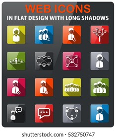 Community icons set in flat design with long shadow