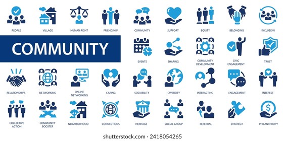 Community icons set. Friendship, caring, networking, sociability, interest, inclusion icon symbol. Flat icons collection.