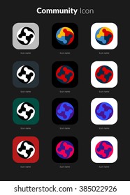 Community icons set for icon application mobile or button main screen phone. Colorful vector flat style design template with drop shadow on dark grey background.