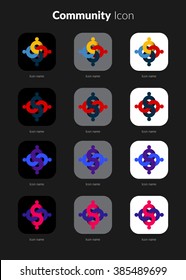 Community icons set for icon application mobile or button main screen phone. Colorful vector flat style design template with drop shadow on dark grey background.
