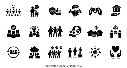 conjunto de ícones da comunidade. apoio, patrimônio, pessoas, diversidade, aldeia, direitos humanos, cultura e muito mais.