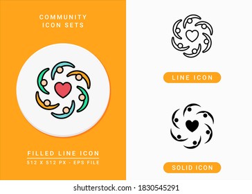 Los iconos de la comunidad establecen la ilustración vectorial con el estilo de línea de icono sólido. Concepto de apoyo a la unidad. Icono de trazo editable sobre fondo aislado para diseño web, infografía y aplicación móvil de interfaz de usuario.