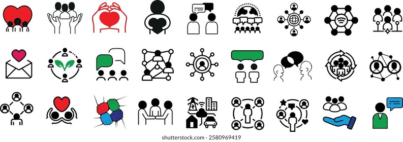 Community icons showcasing teamwork, networking, collaboration, love, communication, social interaction, support, and global connection. Ideal for projects involving unity, relationships,