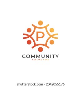 Logo De La Letra Inicial Comunitaria P Relacionando Personas. Forma Geométrica Colorida. Elemento de plantilla de diseño de logotipo de vectores planos.