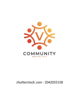 Logo De La Carta Inicial Comunitaria V Que Conecta Personas. Forma Geométrica Colorida. Elemento de plantilla de diseño de logotipo de vectores planos.