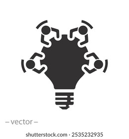 Community Innovation Entwicklung, Team Brainstorm Symbol, Geschäftsidee teilen, Gruppen, kreatives Wissen, Besprechungstisch Glühbirne, flache Vektorgrafik