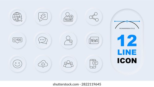 Community interaction set icon. Neomorphism collection with global browsing, social followers, messaging bubbles, uploaded storage, smiling reactions, smartphone conversation graphics.
