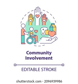 Community Involvement Concept Icon. Build Relationship With People Abstract Idea Thin Line Illustration. Isolated Outline Drawing. Editable Stroke. Roboto-Medium, Myriad Pro-Bold Fonts Used