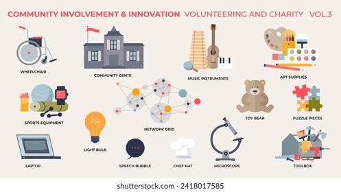 Community involvement, volunteering and charity tiny person collection set. Help with occupation choice, work integration and support vector illustration. Society participation engagement and care.