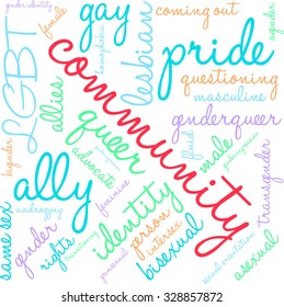 Community LGBT word cloud on a white background. 