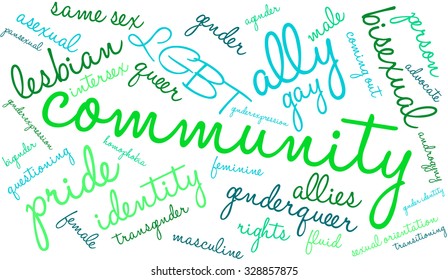 Community LGBT word cloud on a white background. 
