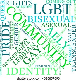 Community LGBT word cloud on a white background. 