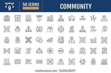 Conjunto de iconos editables de línea de comunidad. Conteniendo personas,
amistad, social, diversidad, aldea, relaciones, Asistencia
y el desarrollo comunitario. Ilustración vectorial