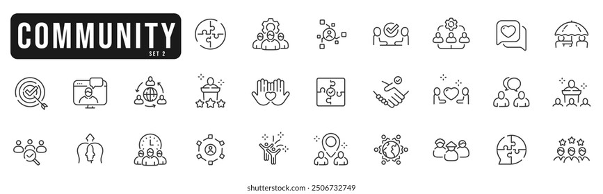 Community line icon set 2. People, network, together, team, trust, handshake etc. Editable stroke