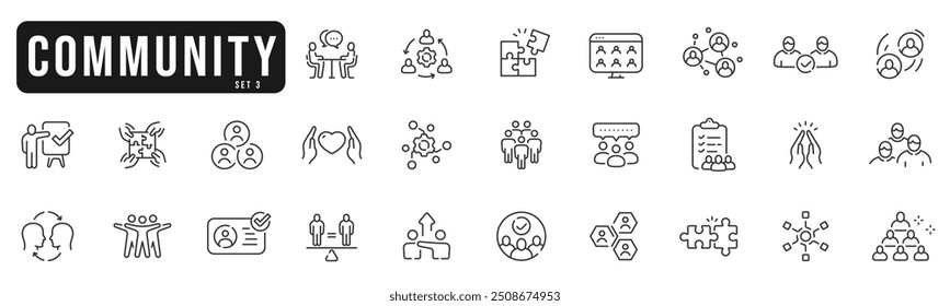 Community line icon set 2. People, network, together, team, trust, handshake etc. Editable stroke