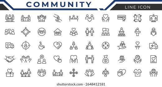 Conjunto de iconos de línea comunitaria. Containg personas, globo, hogar, Ilustración vectorial del corazón aislado en blanco.