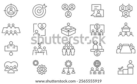 Community line icon set. Containing conference, business meeting, classroom, team, interviews, cooperation, group, people, organization, collaboration line icon set. Ui thin line icon pack.