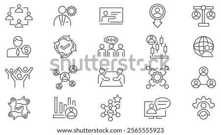 Community line icon set. Containing conference, business meeting, classroom, team, interviews, cooperation, group, people, organization, collaboration line icon set. Ui thin line icon pack.