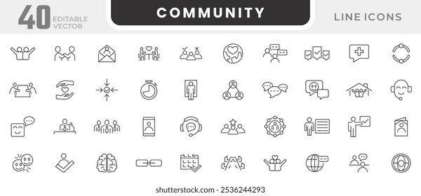 Conjunto de iconos de línea comunitaria. Reuniones, seminarios, team building, reuniones de negocios, aulas, Equipos, entrevistas, conferencias, trabajo, discusión, conjunto de iconos de líneas de comunicación. Paquete de iconos de línea delgada de interfaz de usuario.