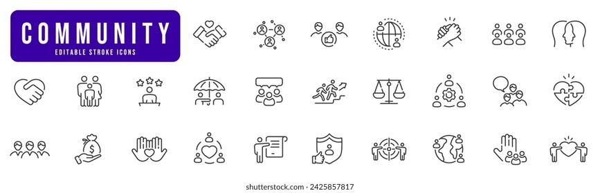 Community line icon set. People, network, together, team, trust, handshake etc. Editable stroke