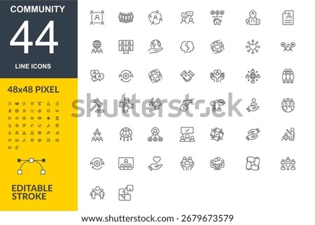 Community Line Icons – Editable Stroke Vector Set, Social Interaction and Group Icons – Minimal Thin Line Vector Collection, Editable Stroke Community Symbols – 48x48 Pixel Pack Bundle