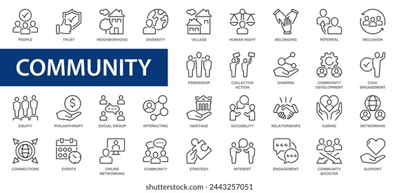 Community line icons set. Friendship, caring, networking, sociability, interest, inclusion icon symbol. Thin line icons collection.