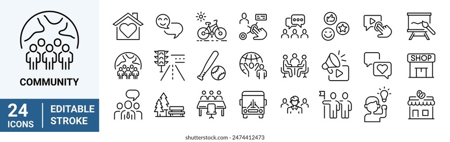 Community line web icons. Containing people, friendship, social, diversity. Editable Stroke.