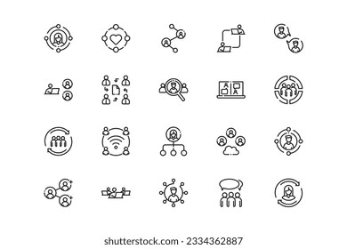 Community lines icon set. Community genres and attributes. Linear design. Lines with editable stroke. Isolated vector icons.