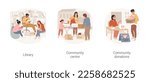 Community living isolated cartoon vector illustration set. People in a local library, sitting together in reading room, community center, charity and donations, volunteering vector cartoon.