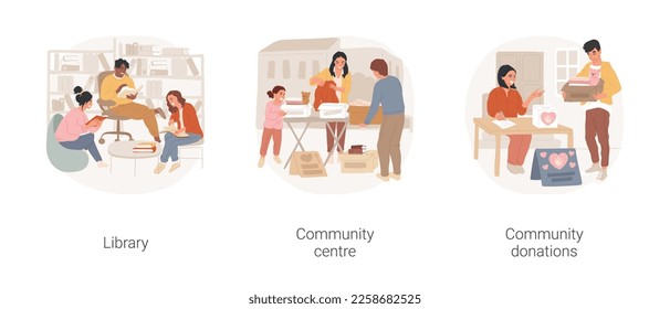 Community living isolated cartoon vector illustration set. People in a local library, sitting together in reading room, community center, charity and donations, volunteering vector cartoon.